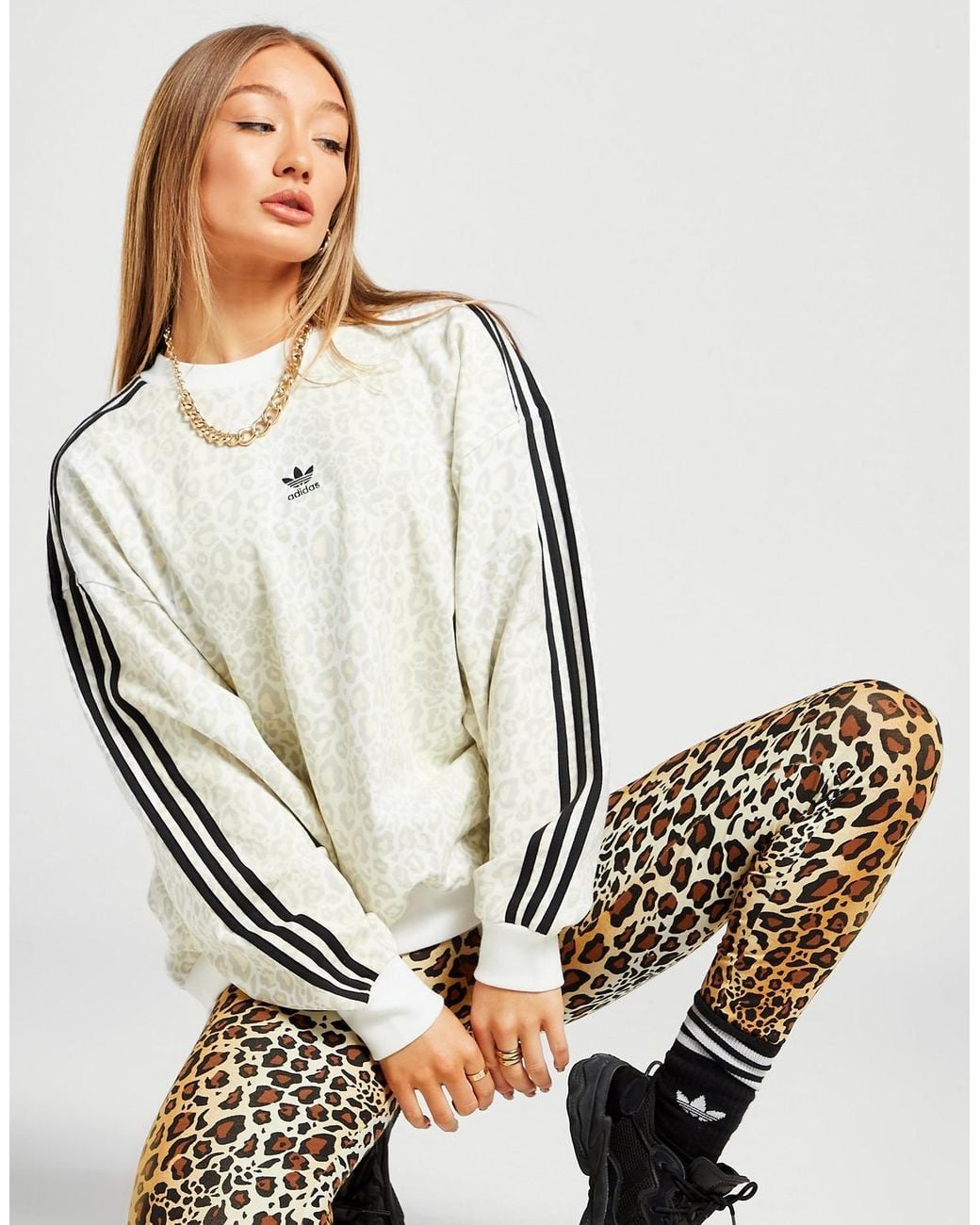 adidas Originals Cotton Leopard Lux Crew Sweatshirt in White - Lyst