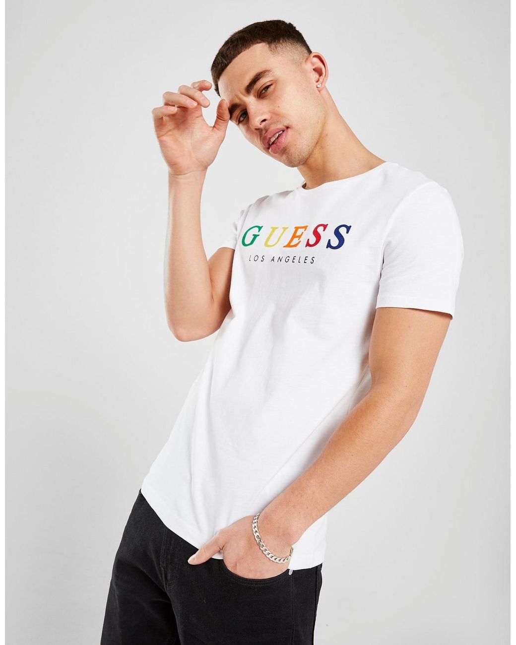 Guess Cotton Rainbow Logo T-shirt in White for Men - Lyst