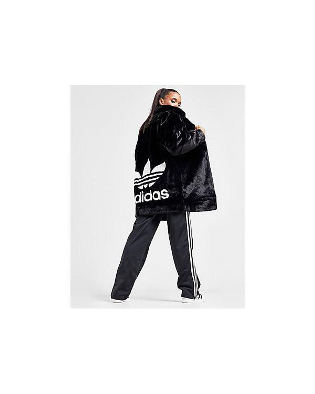 Adidas originals faux fur jacket shop with back trefoil logo in black