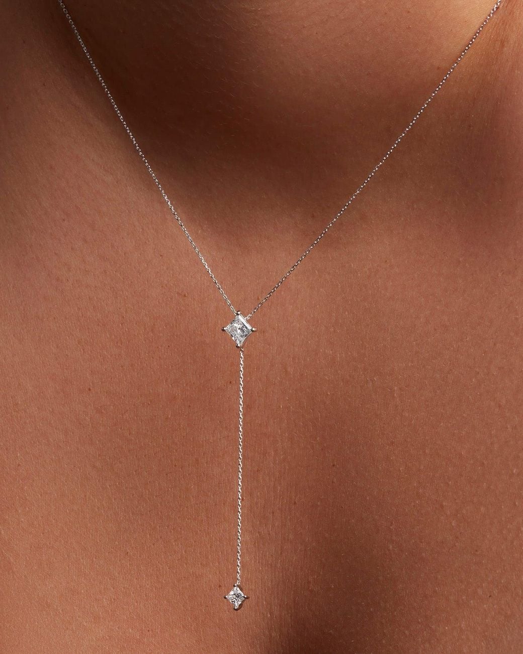 Jenny Bird White 14k Princess Cut Double Diamond Lariat Necklace