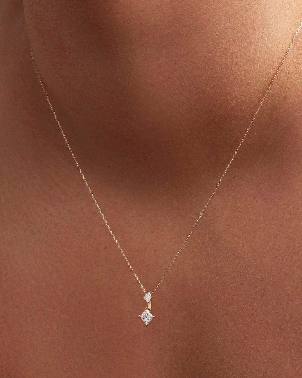 Jenny Bird White 14k Princess Cut Double Diamond Pendant Necklace