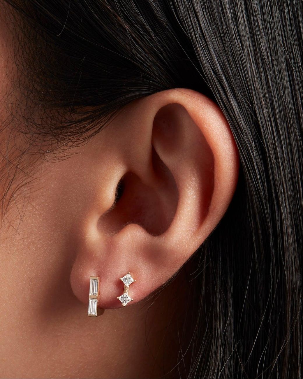 Jenny Bird White 14k Princess Cut Double Diamond Stud Earrings