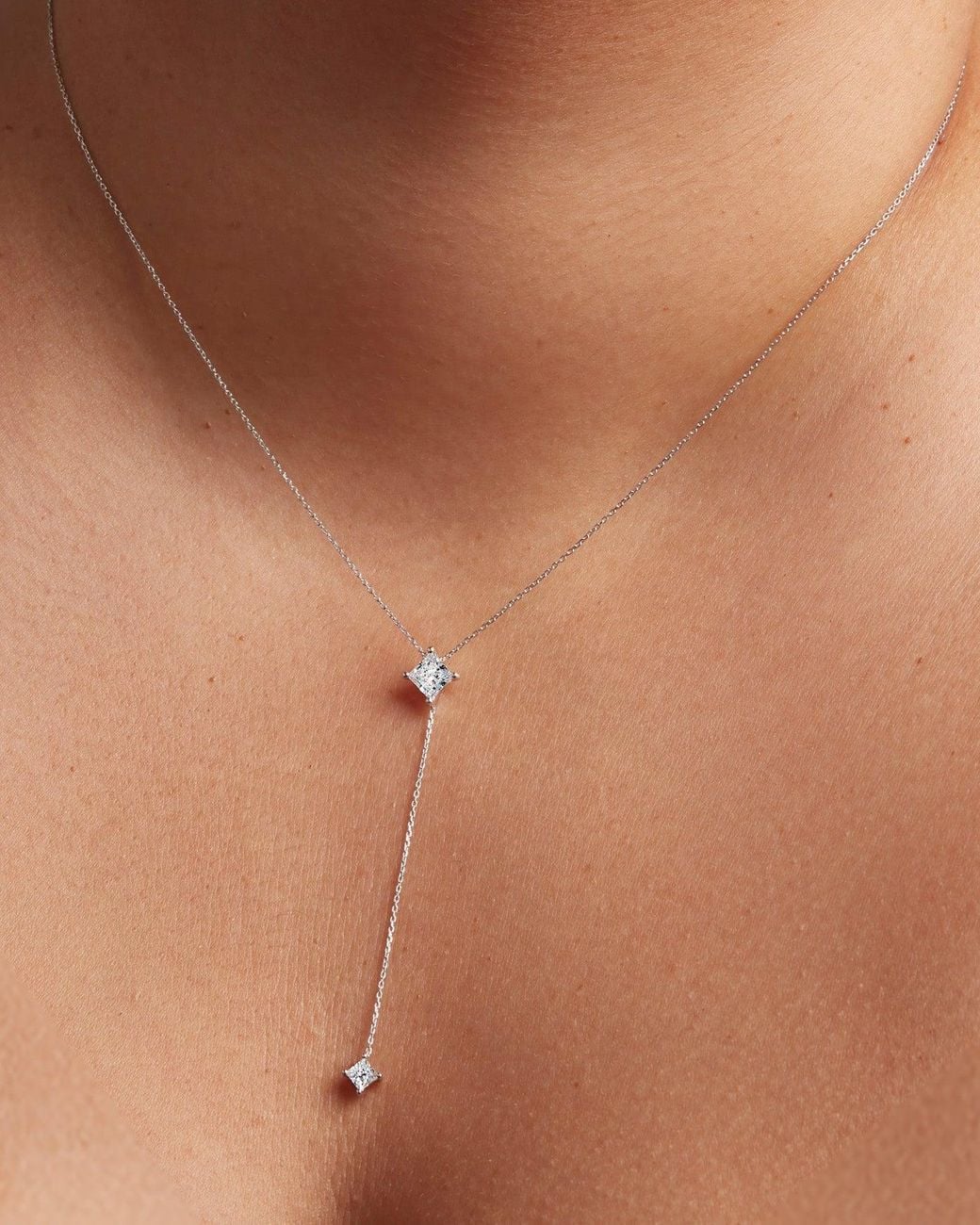 Jenny Bird White 14k Princess Cut Double Diamond Lariat Necklace