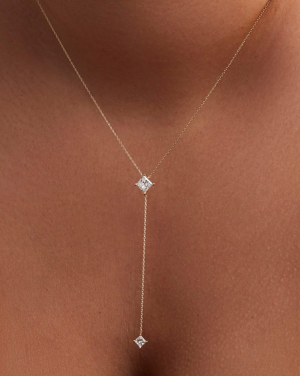 Jenny Bird White 14k Princess Cut Double Diamond Lariat Necklace