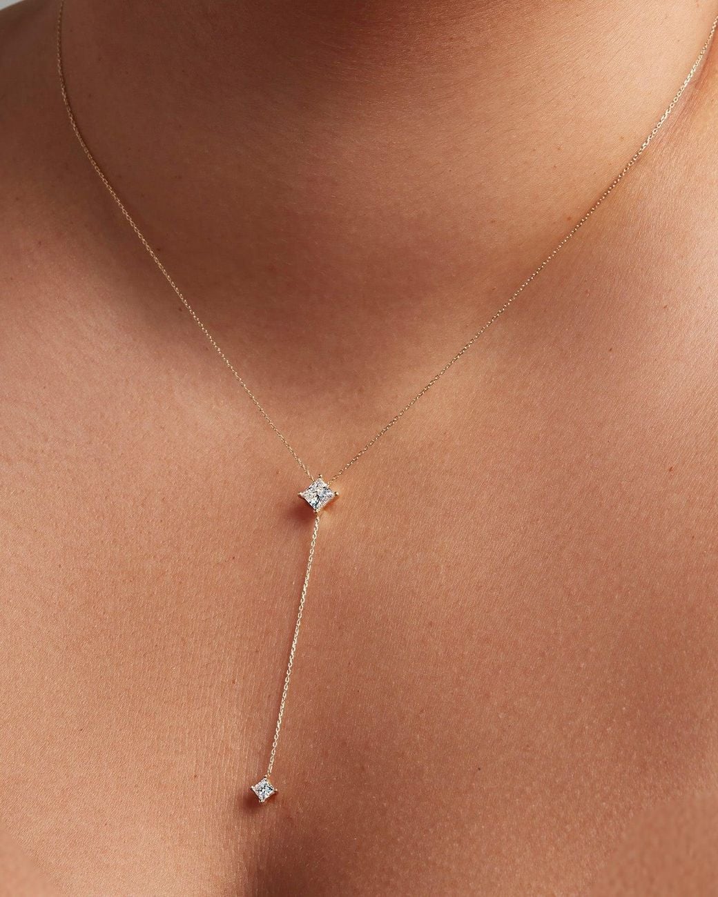 Jenny Bird White 14k Princess Cut Double Diamond Lariat Necklace