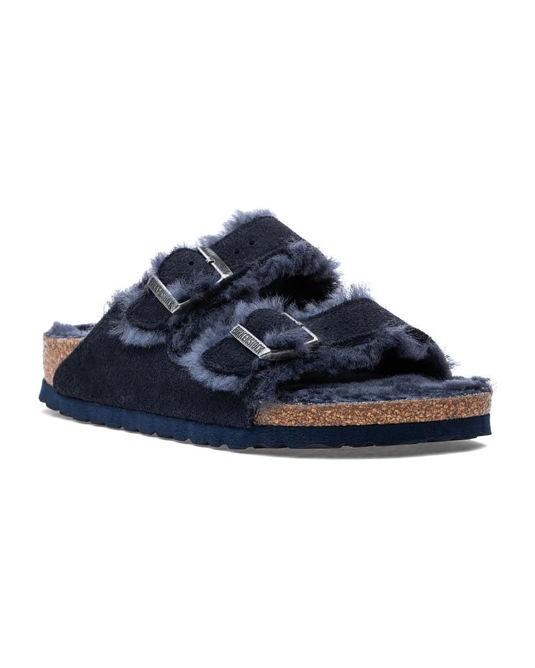 navy shearling birkenstocks
