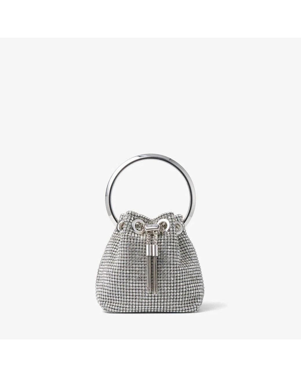 Jimmy Choo Gray Bon Bon Micro Crystal-Embellished Satin Bucket Bag