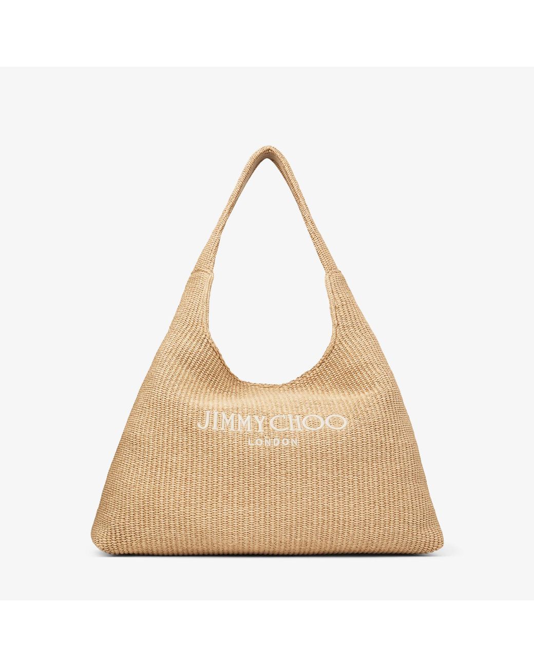 【Jimmy Choo】ビーチ ダイヤモンド HOBO Beach Diamond Hobo L | Ecru Striped Raffia Shoulder Bag