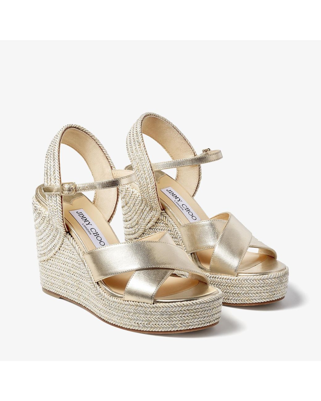 Jimmy Choo Dellena 100 Leather Wedge Sandals in Gold (Metallic Jimmy Choo Dellena 100 Leather Wedge Sandals in Gold (Metallic