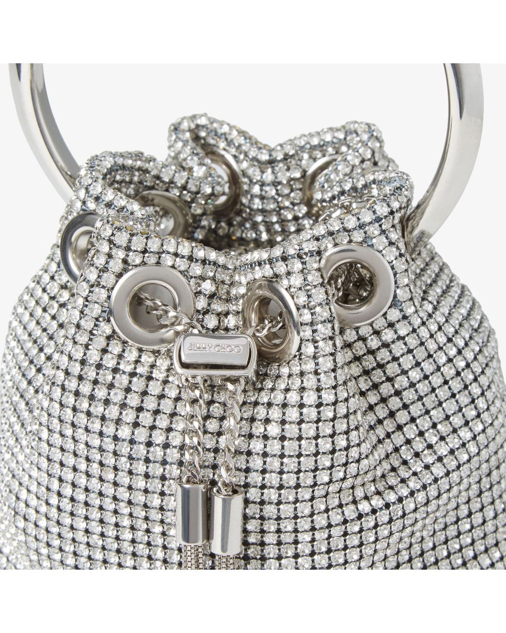 Jimmy Choo Gray Bon Bon Micro Crystal-Embellished Satin Bucket Bag