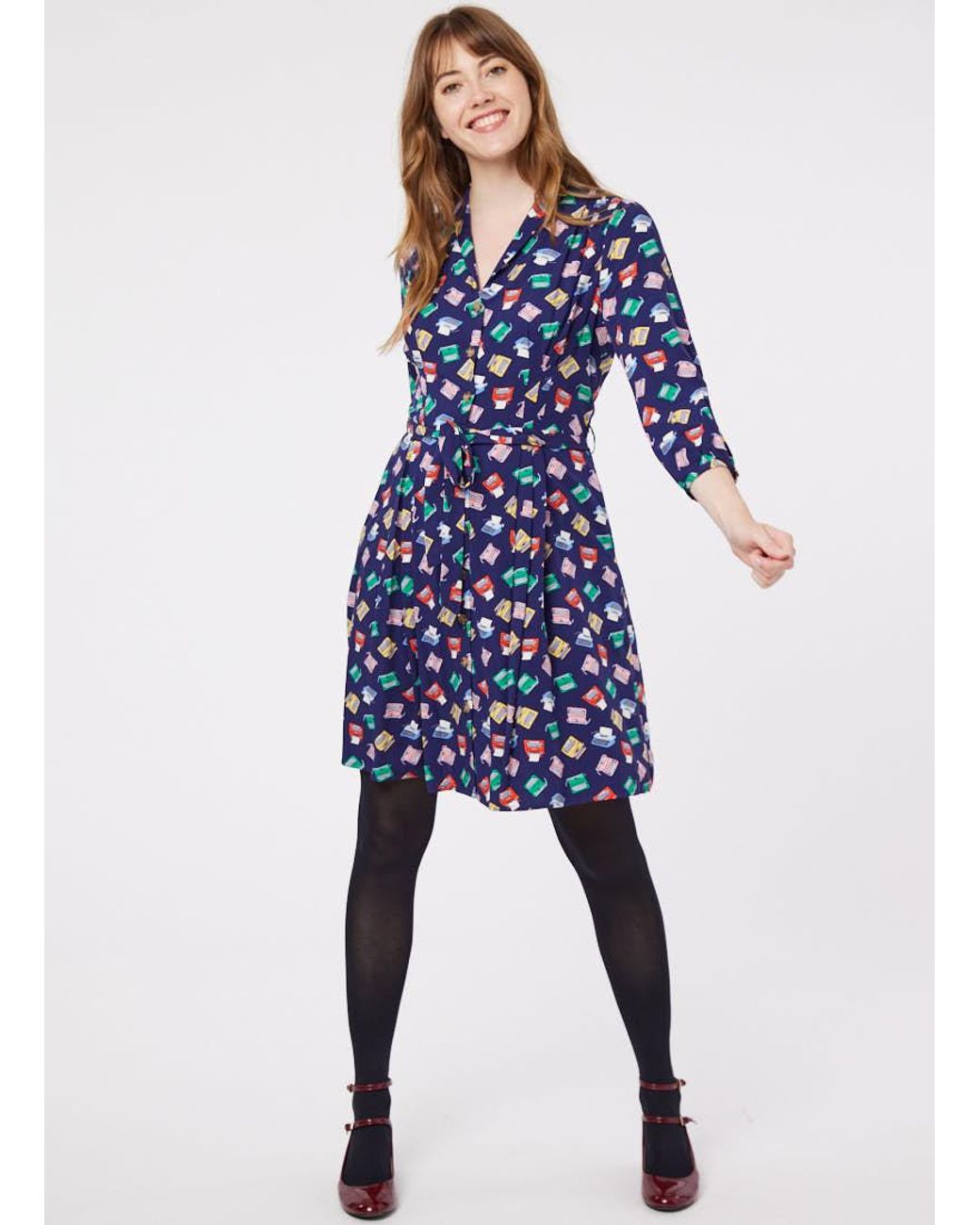 ＜H＞TYPEWRITER CLOTH FRENCH SLEEVE DRESS Lisa-Mae Dress in French Navy | 1940s Vintage Style Shirtwaist