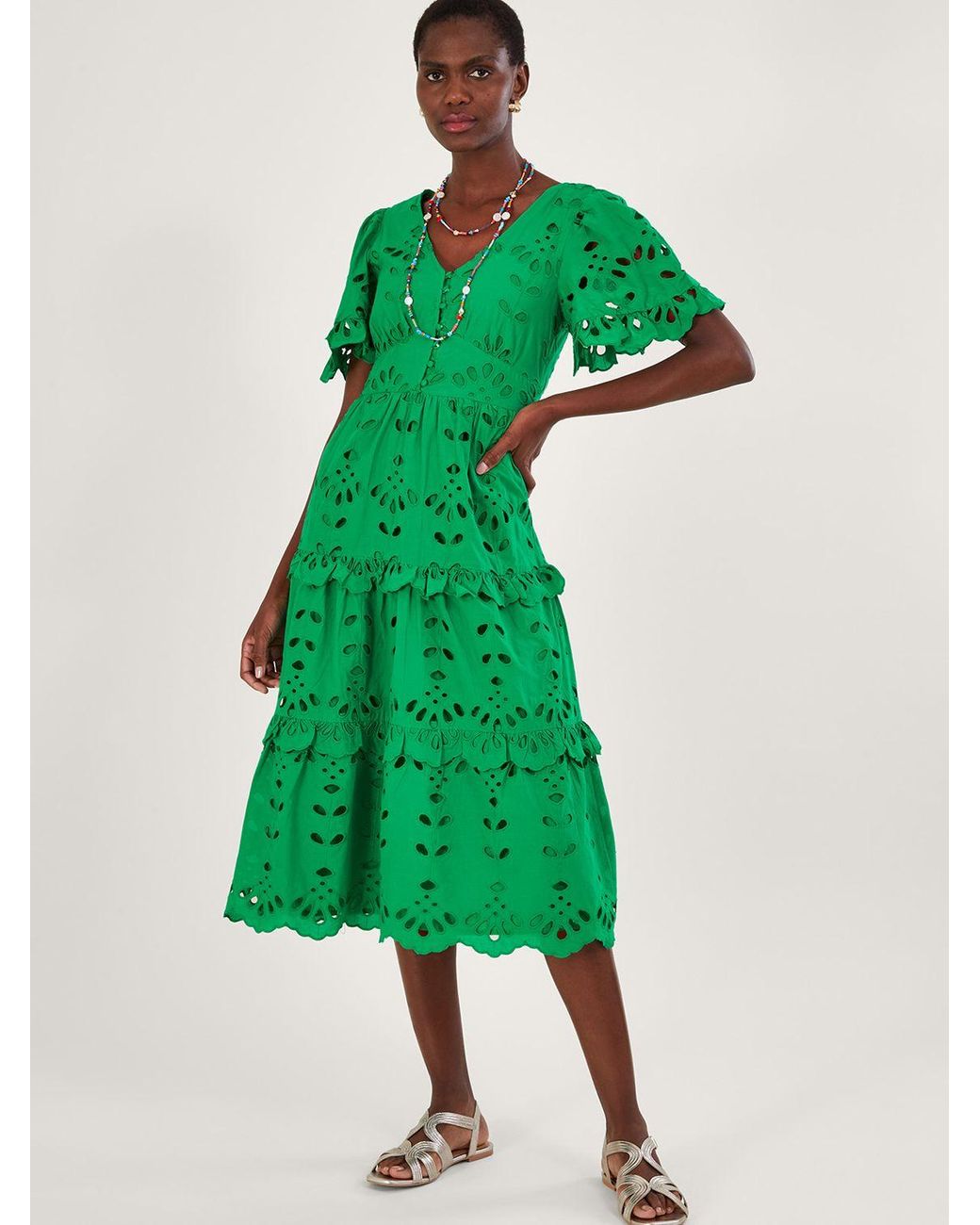 Monsoon Broderie Anglaise Tiered Midi Dress in Green | Lyst UK