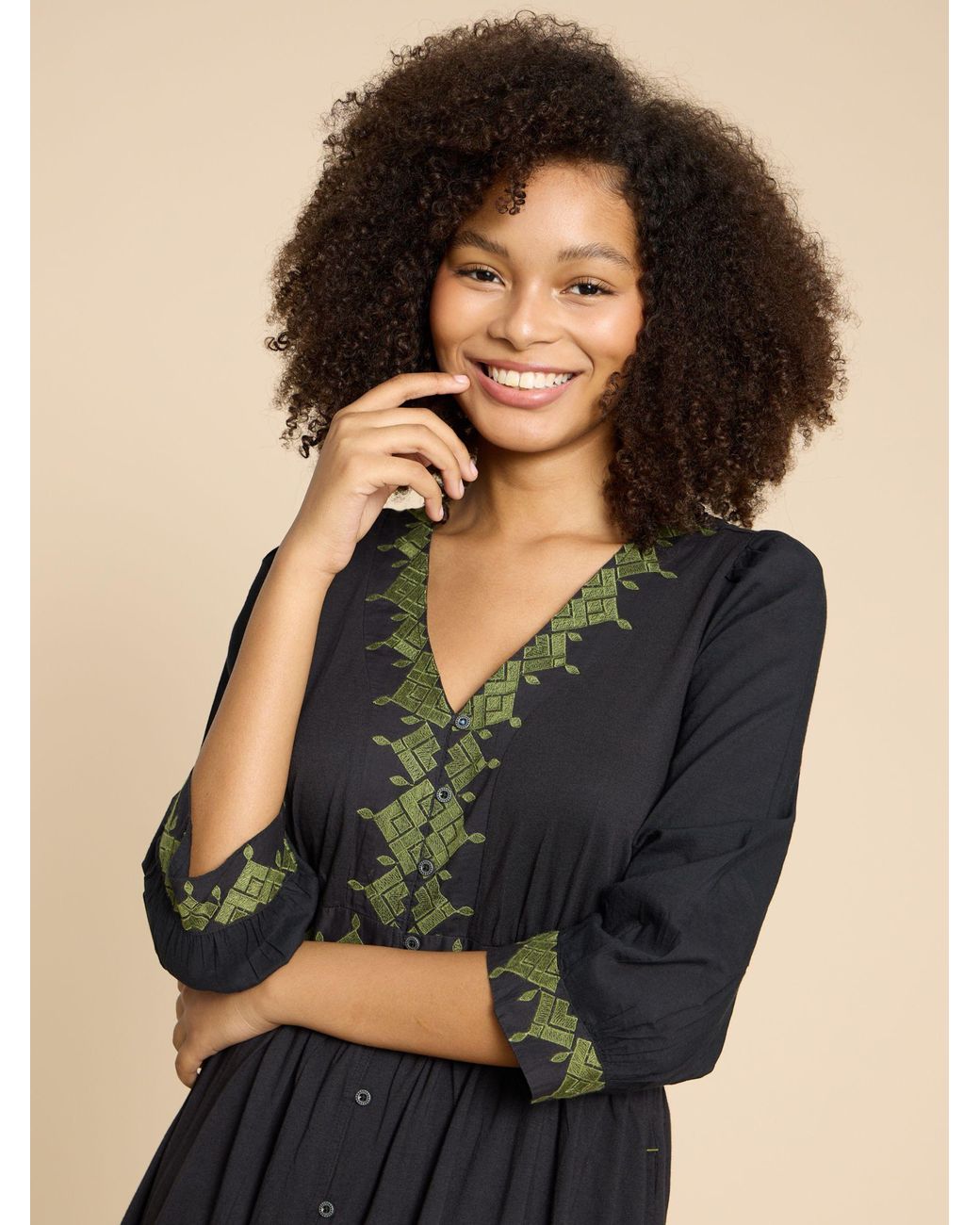 White Stuff Poppy Organic Cotton Embroidered Jersey Midi Dress in
