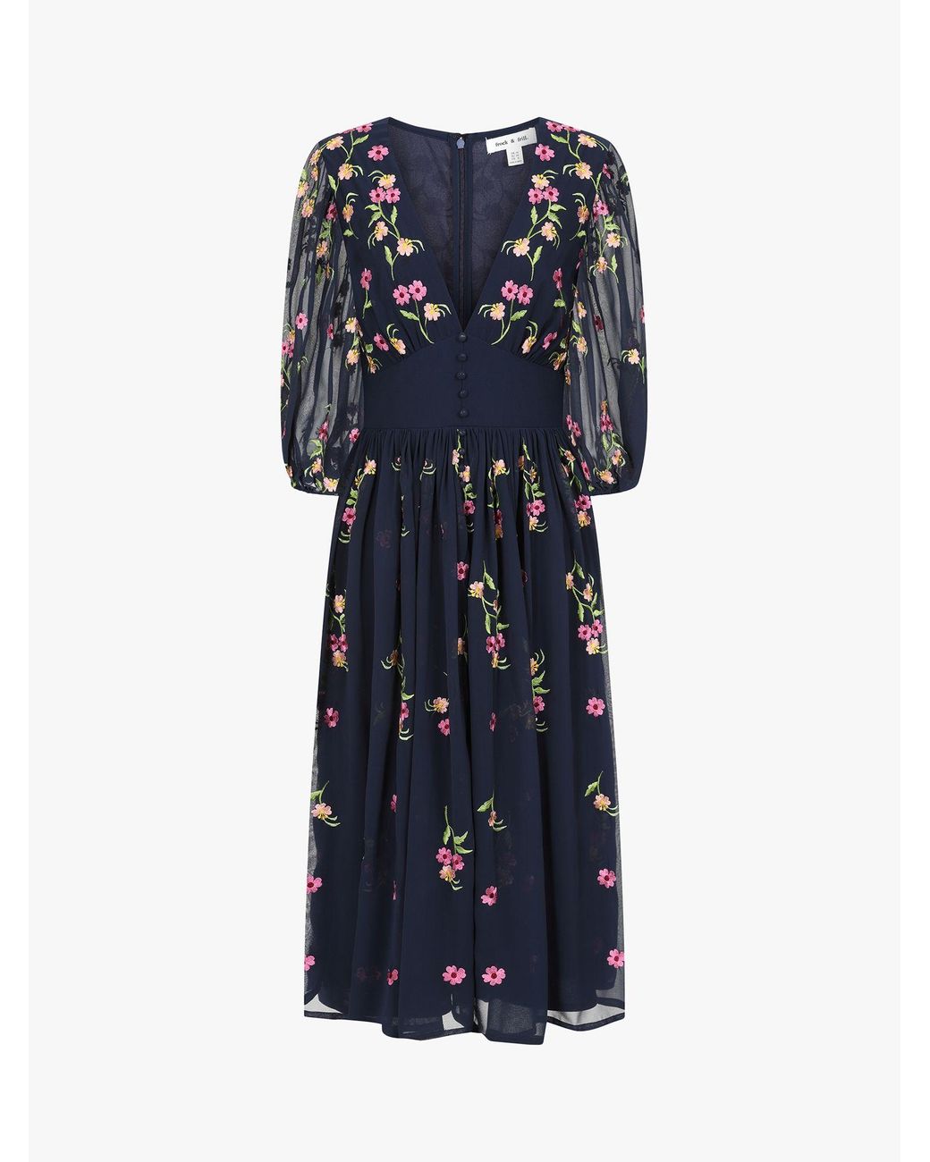 Frock and Frill Veronne Embroidered Floral Puff Sleeve Dress in Navy ...