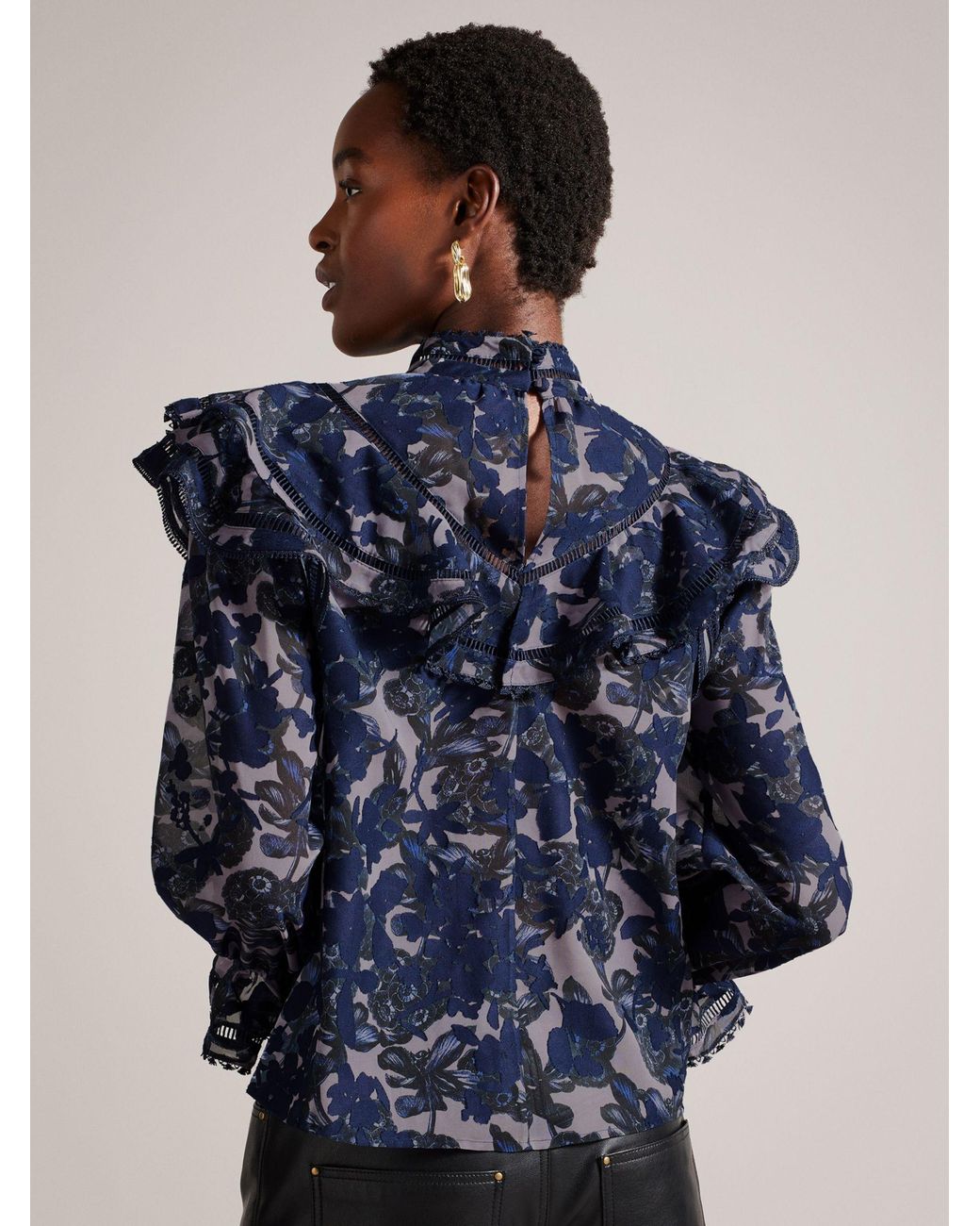 Ted Baker Kiraaa Floral Print Lace Detail High Neck Blouse in Blue