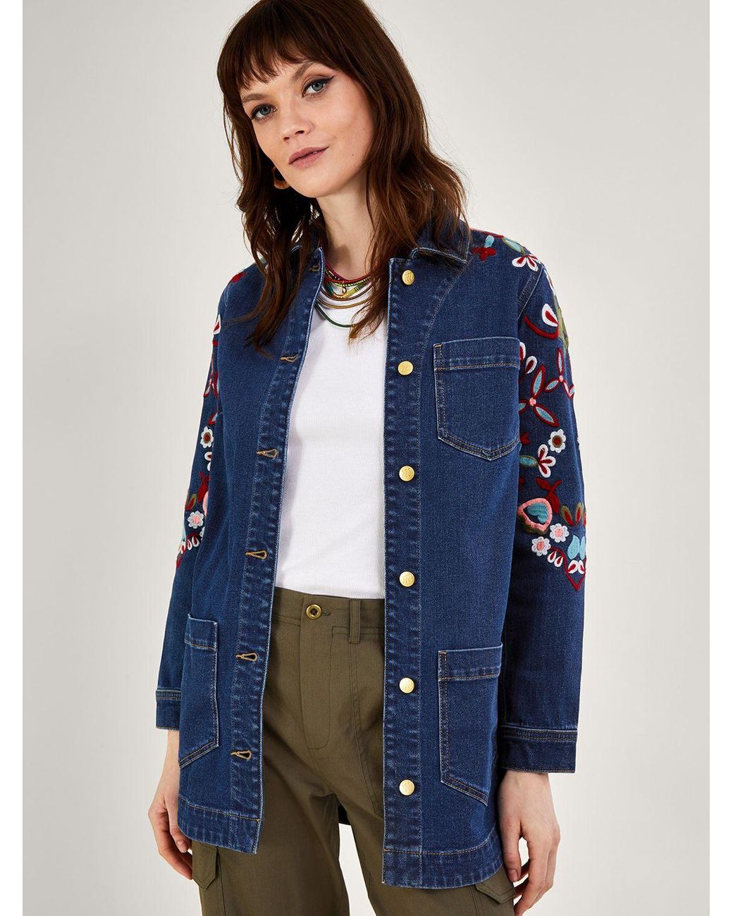 Monsoon Mindy Embroidered Longline Denim Jacket in Blue Lyst UK