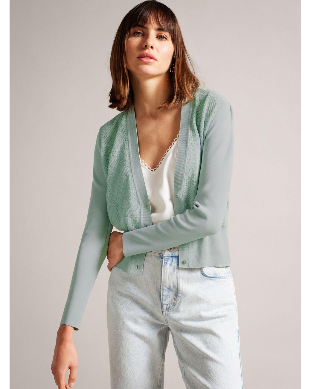 Ted Baker Joslina Delicate Pointelle Knit Cardigan in Green | Lyst UK