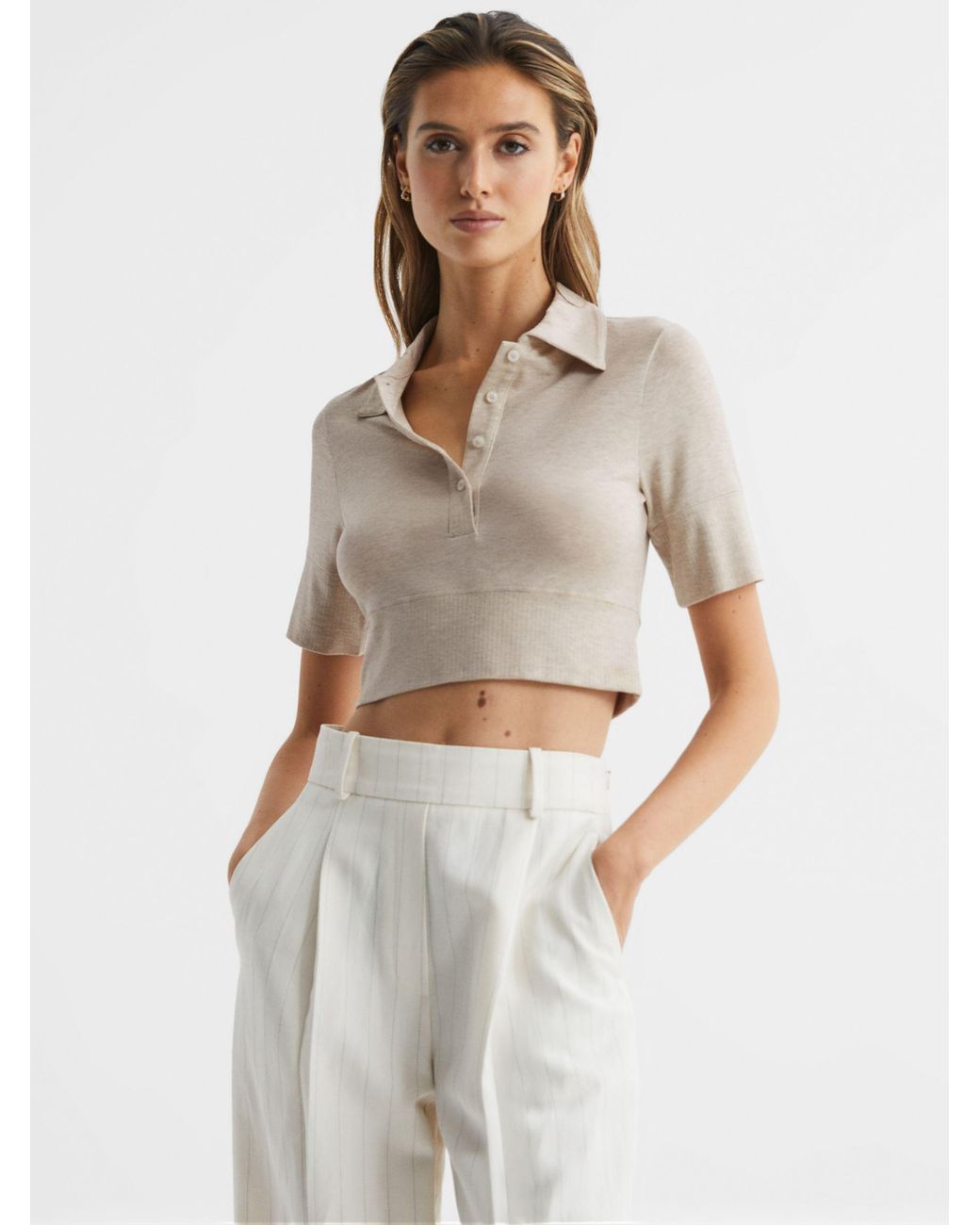 Reiss Eva Cropped Polo Shirt in White | Lyst UK