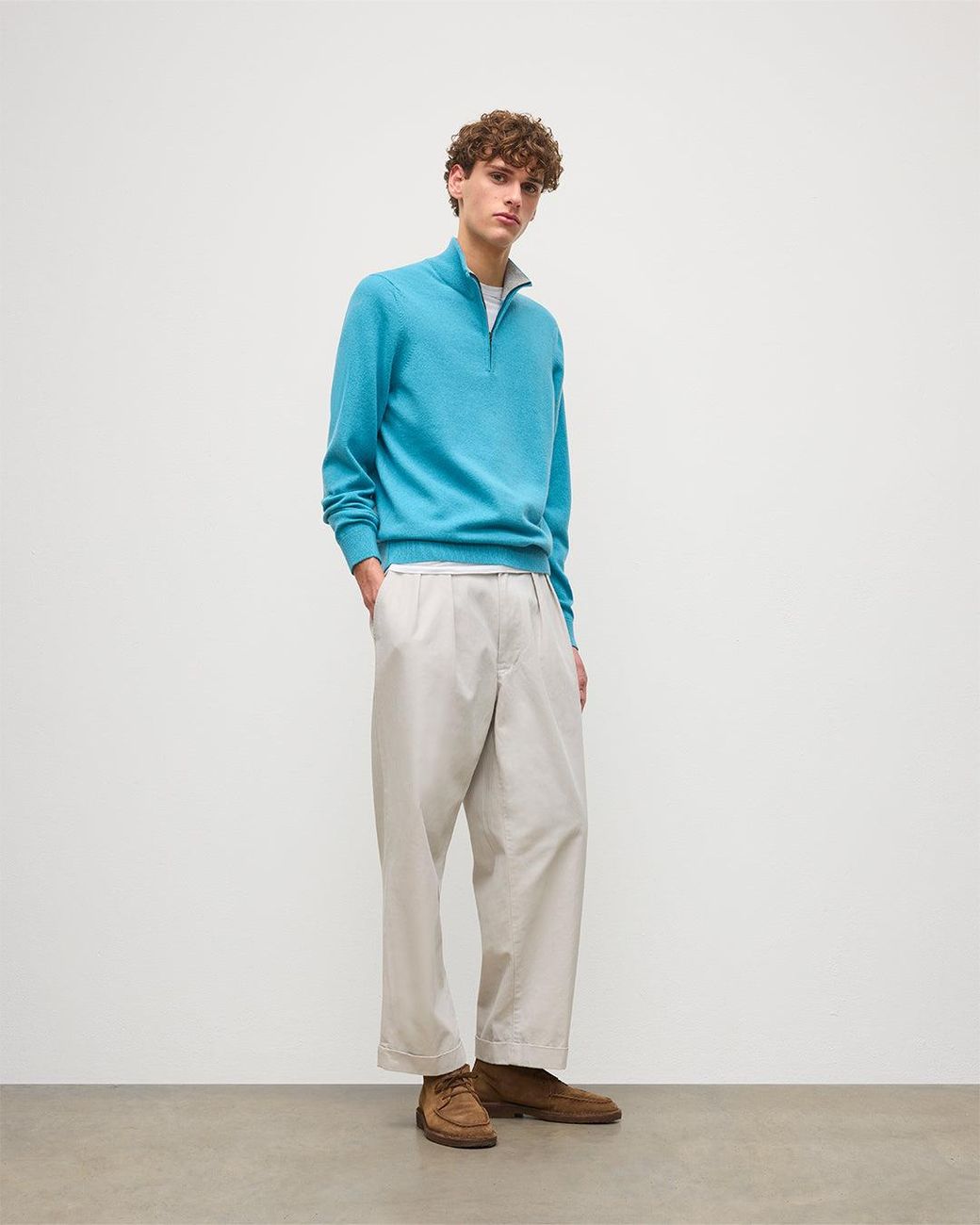 Johnstons Blue Rory & Classic Cashmere Contrast Zip Neck Jumper for men