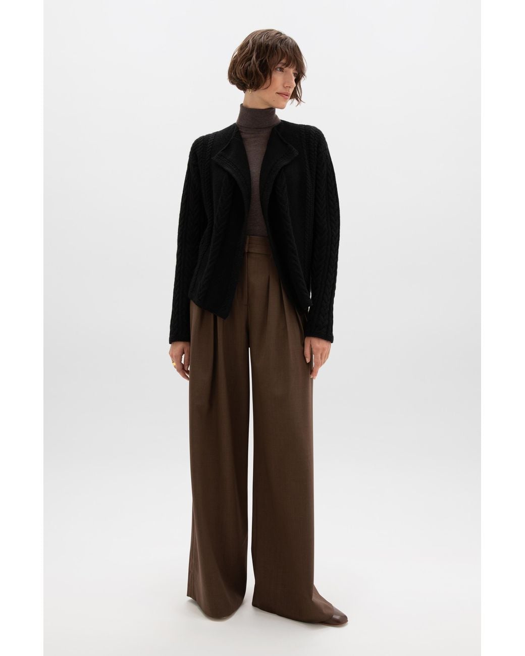 Johnstons Black Aran Cable Cashmere Waterfall Cardigan