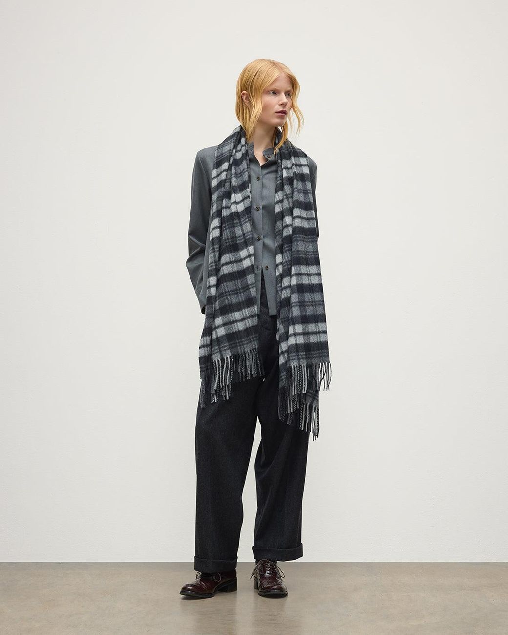 Johnstons White Wide Dress Stewart Tartan Cashmere Scarf