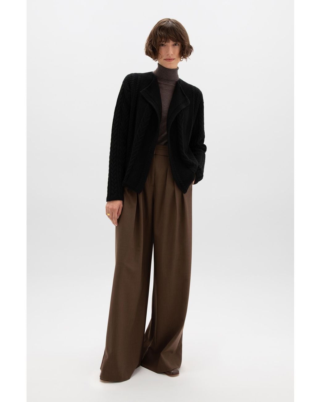 Johnstons Black Aran Cable Cashmere Waterfall Cardigan