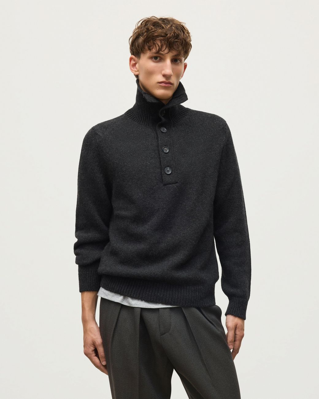 Johnstons Black Douglas Button Neck Dark Cashmere Jumper for men