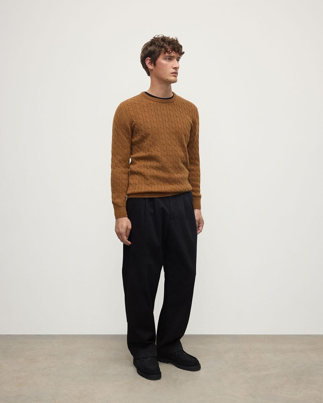 Johnstons Natural Cable Knit Dark Camel Cashmere Jumper for men