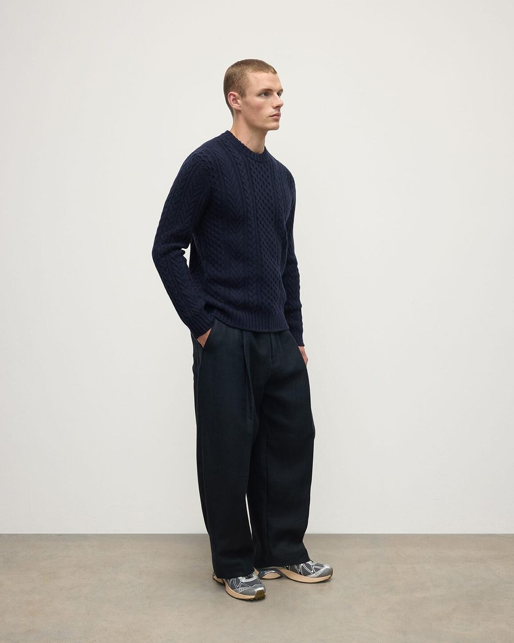 Johnstons Blue Aran Cable Dark Cashmere Jumper for men