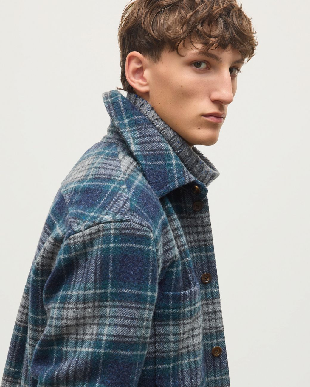 Johnstons Blue Atholl & Bottle Plaid Overshirt