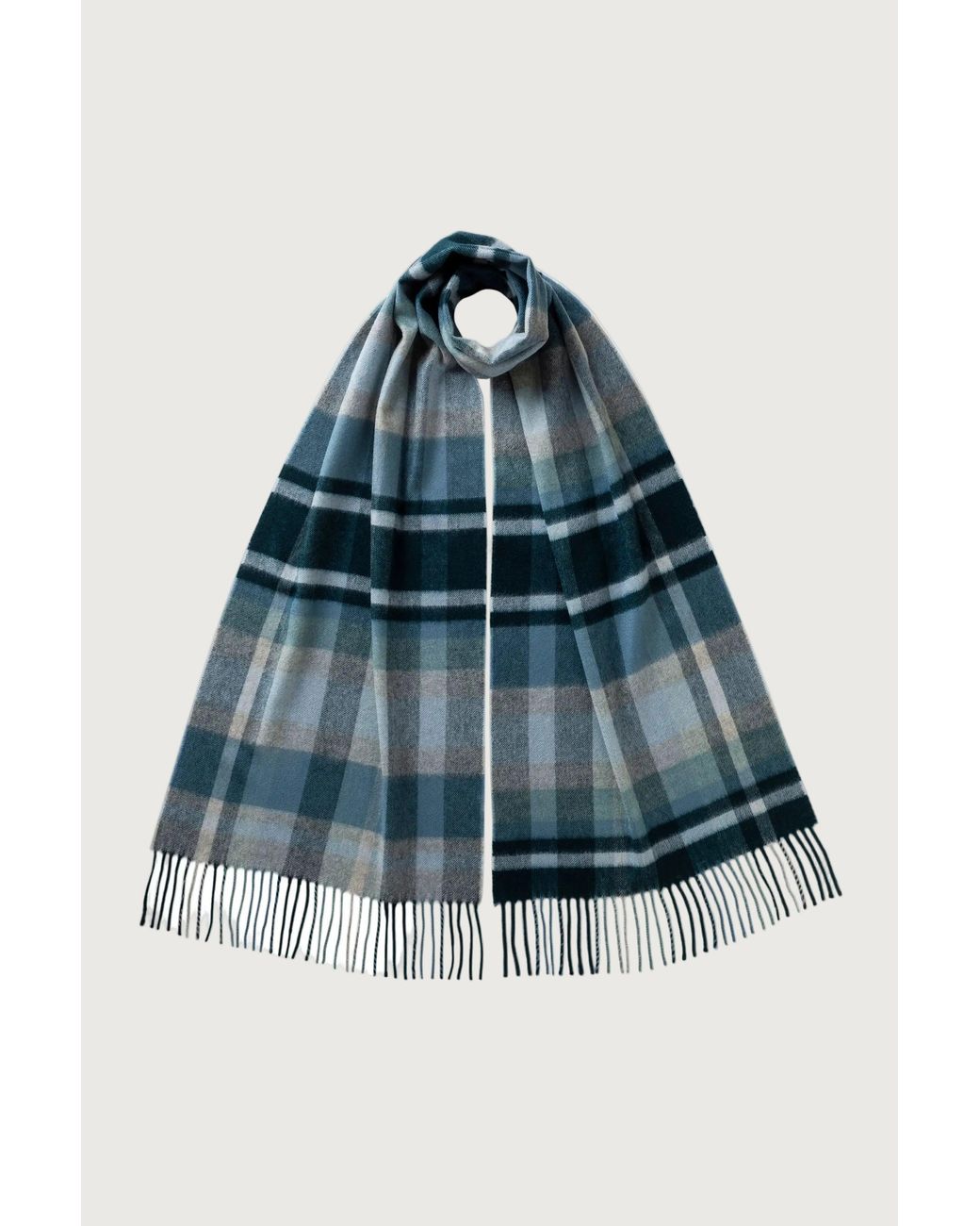 Johnstons Blue Deco Block Check Cashmere Scarf