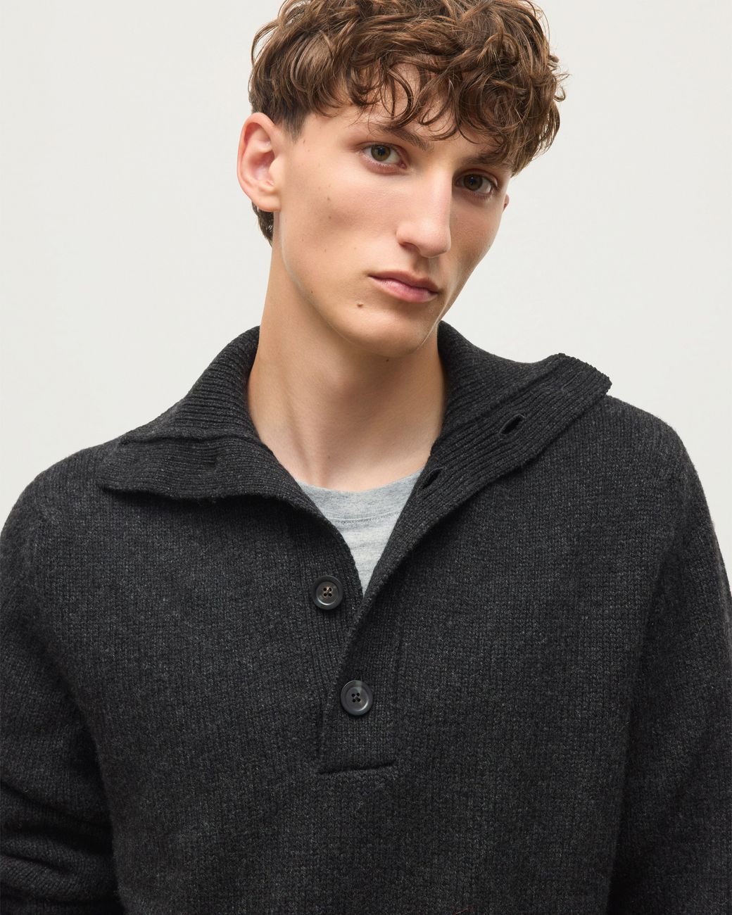 Johnstons Black Douglas Button Neck Dark Cashmere Jumper for men