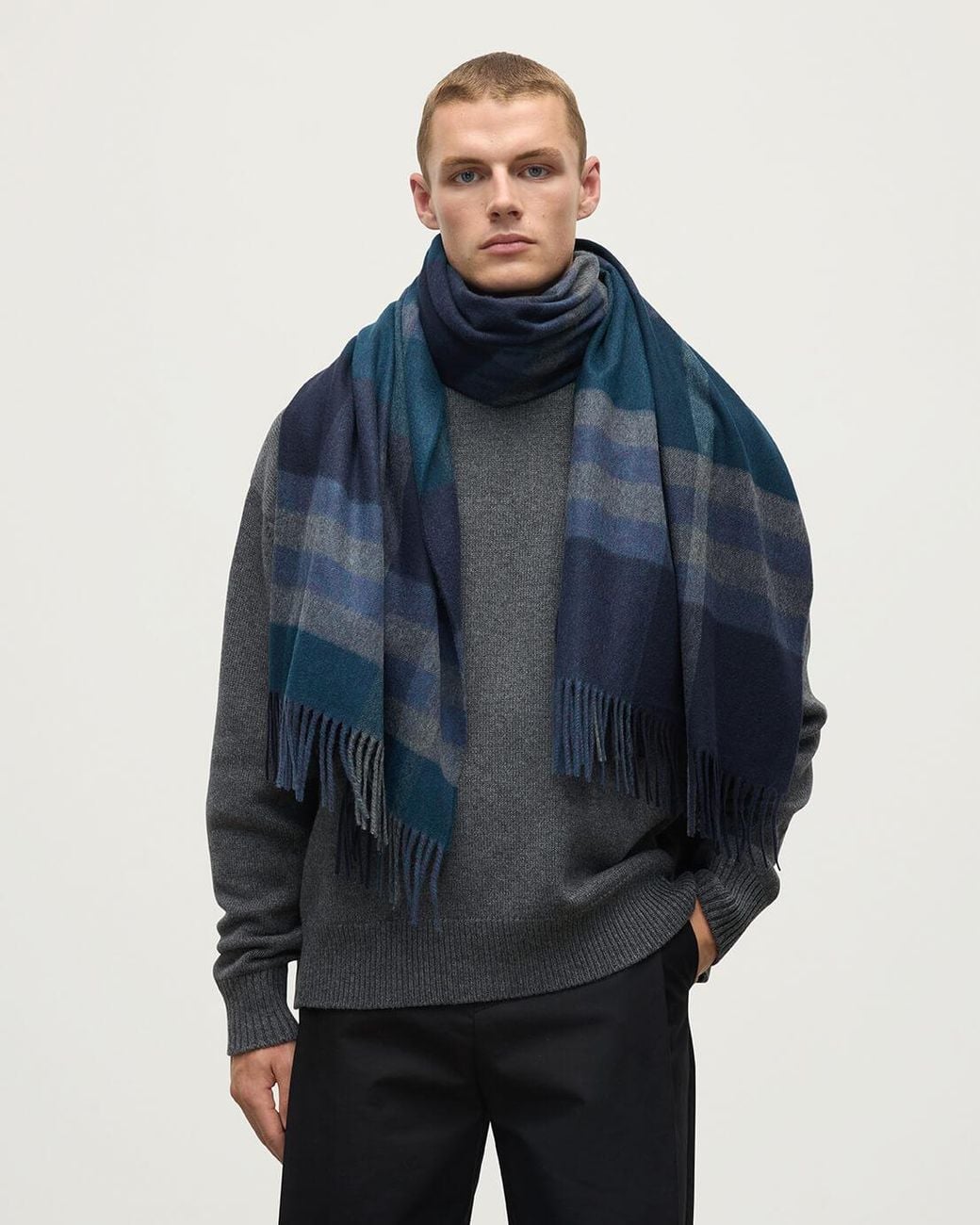 Johnstons Blue Modern Check Cashmere Stole