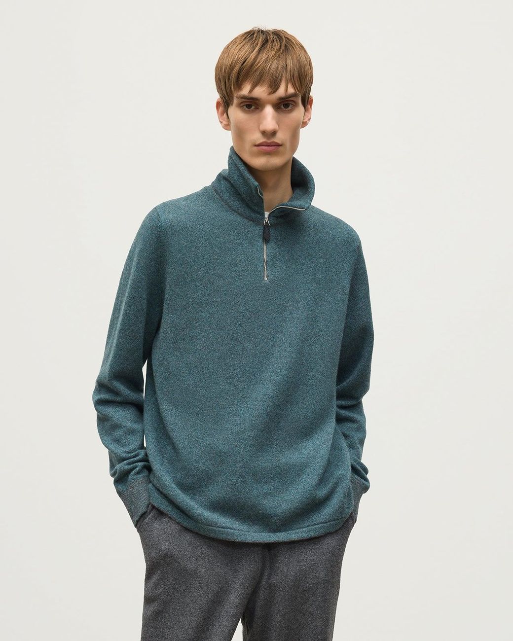Johnstons Blue Tweel & Cashmere Half Zip Jumper for men