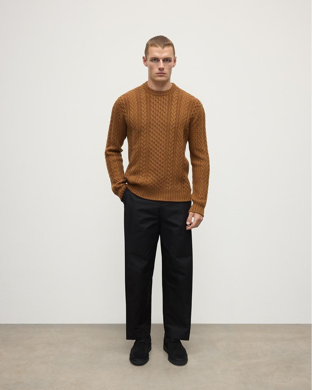 Johnstons Natural Aran Cable Dark Camel Cashmere Jumper for men
