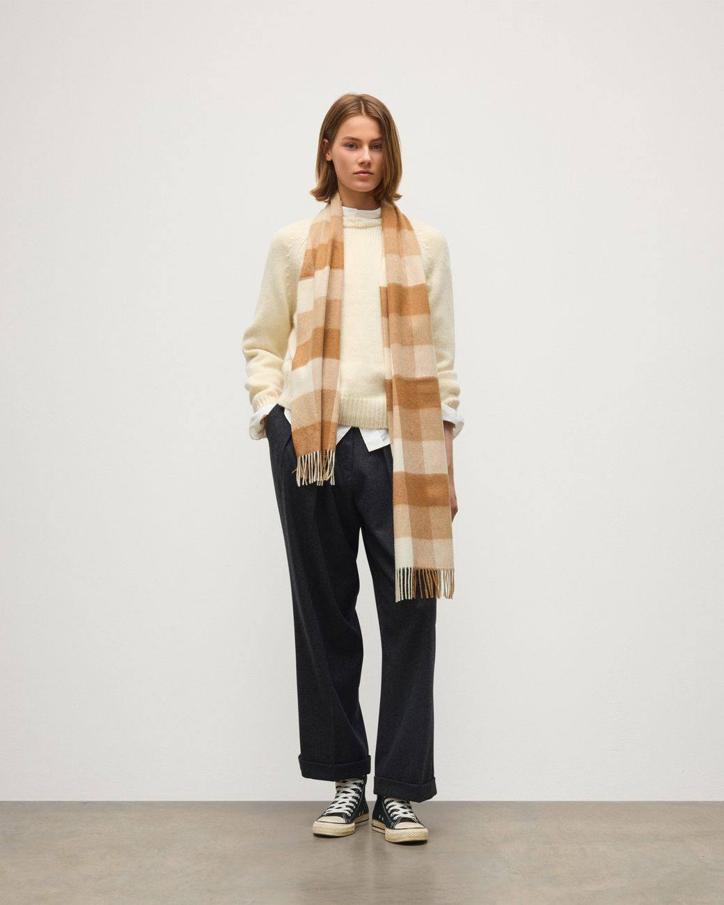 Johnstons Natural Block Check Cashmere & Vicuña Scarf