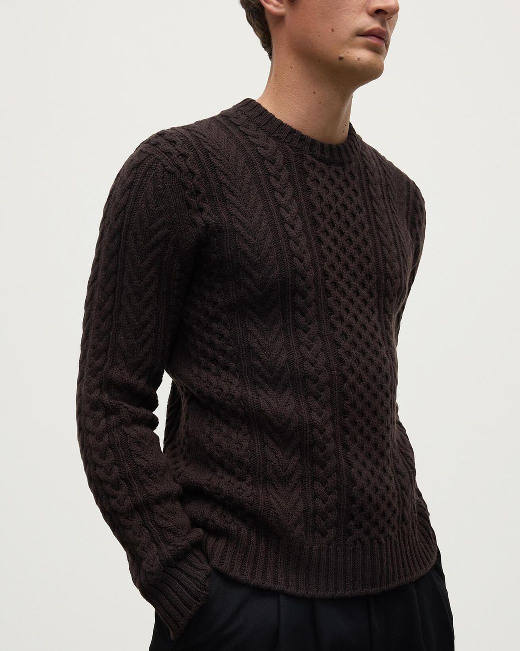 Johnstons Black Aran Cable Dark Cashmere Jumper for men