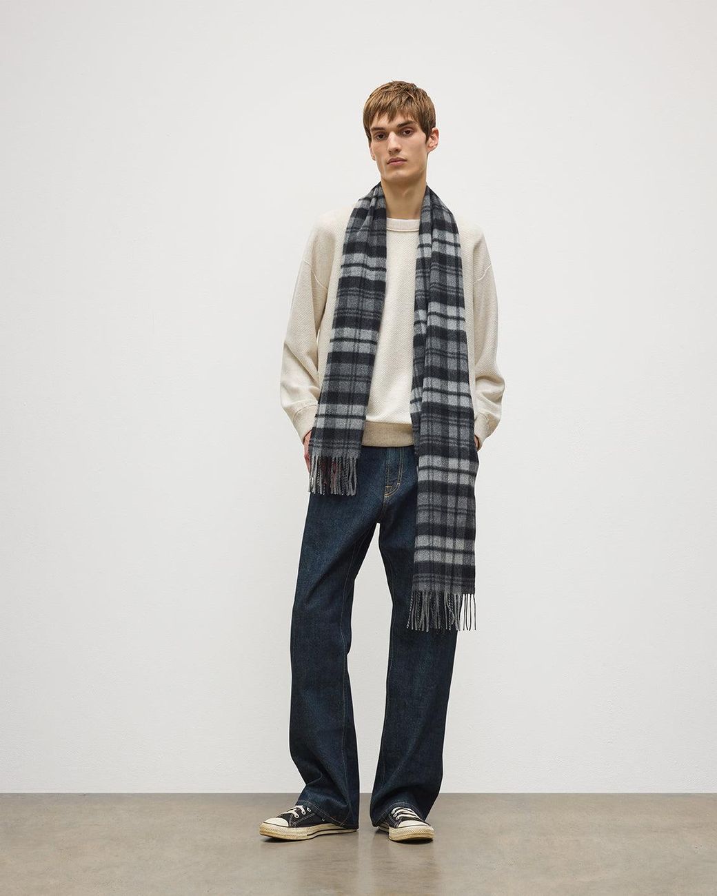 Johnstons White Wide Dress Stewart Tartan Cashmere Scarf