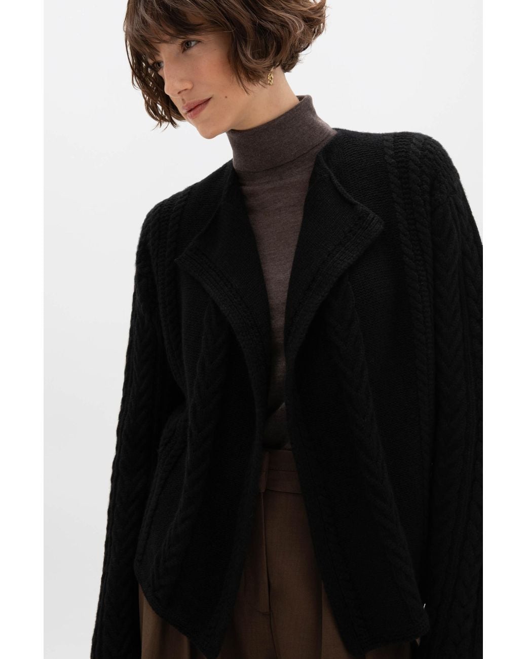 Johnstons Black Aran Cable Cashmere Waterfall Cardigan