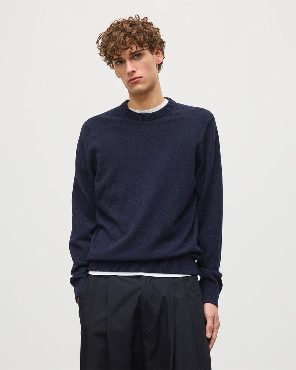 Johnstons Blue Rory Dark Classic Cashmere Crew Jumper for men