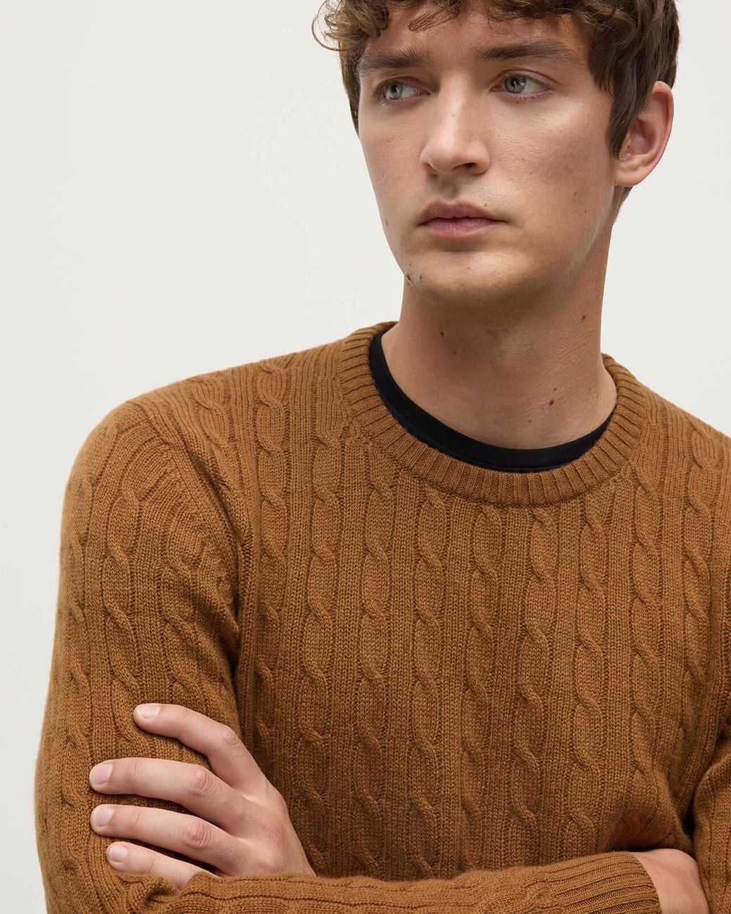 Johnstons Natural Cable Knit Dark Camel Cashmere Jumper for men