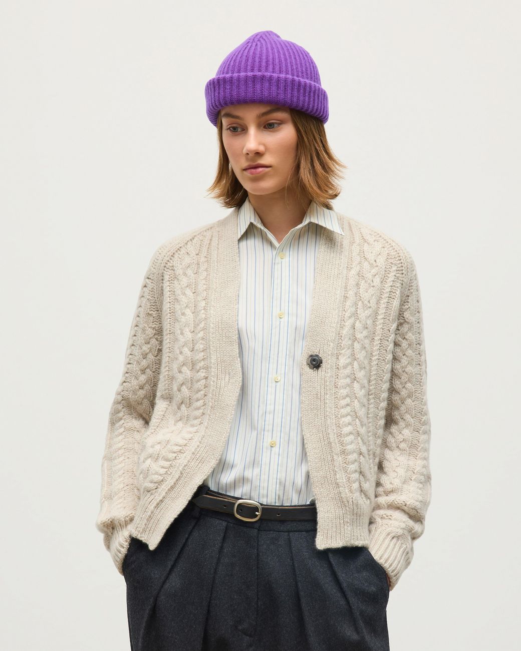 Johnstons Natural Mabel Aran Cable Cashmere Cardigan