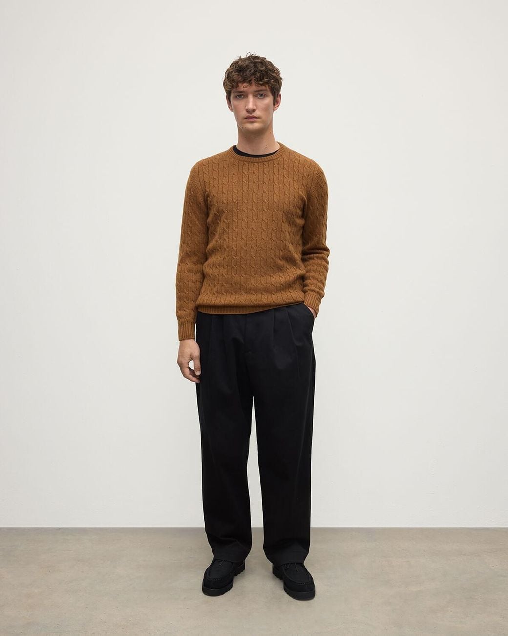 Johnstons Natural Cable Knit Dark Camel Cashmere Jumper for men