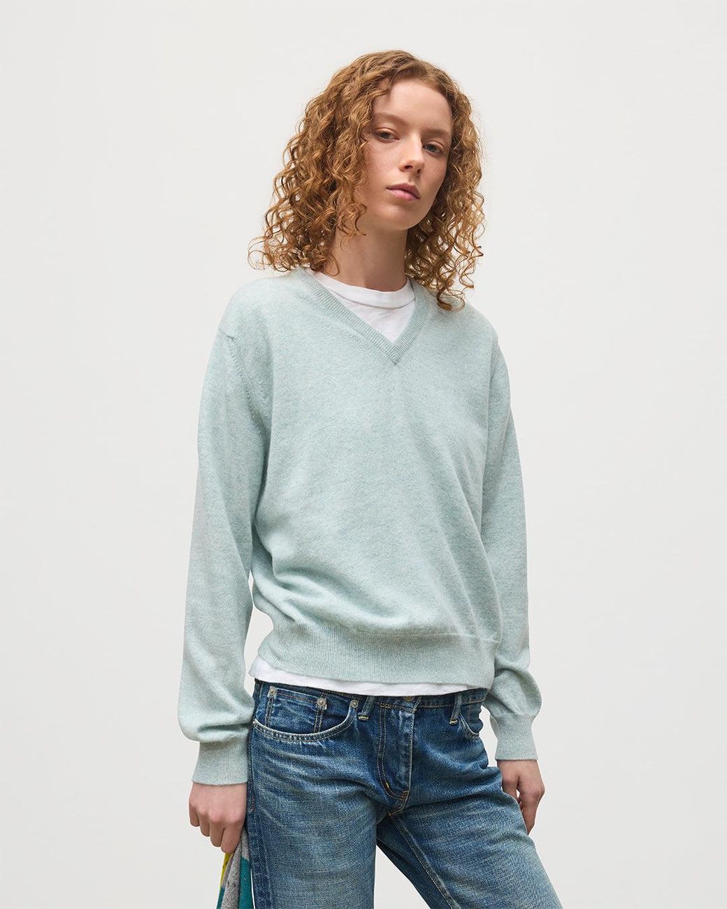Johnstons Blue Lunan Light Classic V Neck Jumper