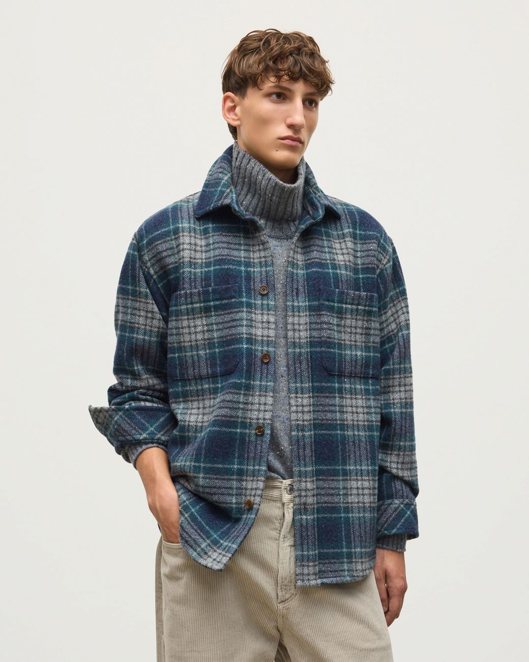 Johnstons Blue Atholl & Bottle Plaid Overshirt