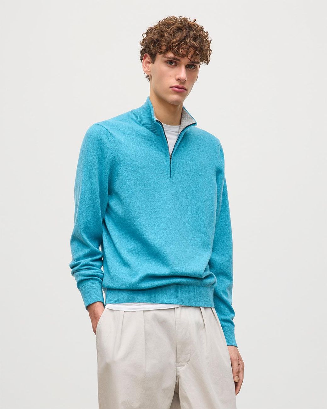 Johnstons Blue Rory & Classic Cashmere Contrast Zip Neck Jumper for men