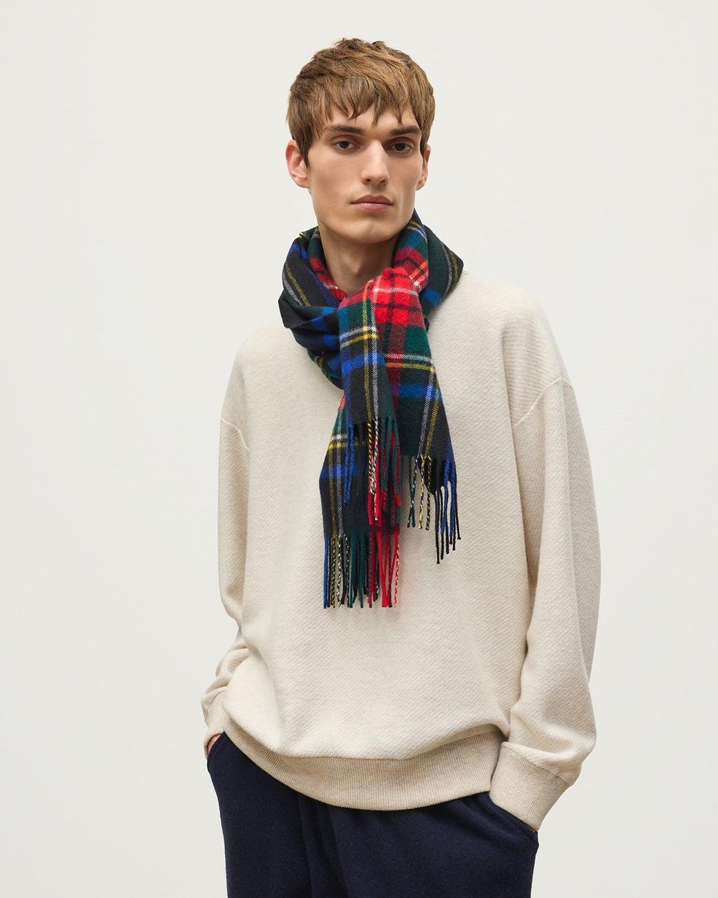 Johnstons Red Wide Stewart Tartan Cashmere Scarf