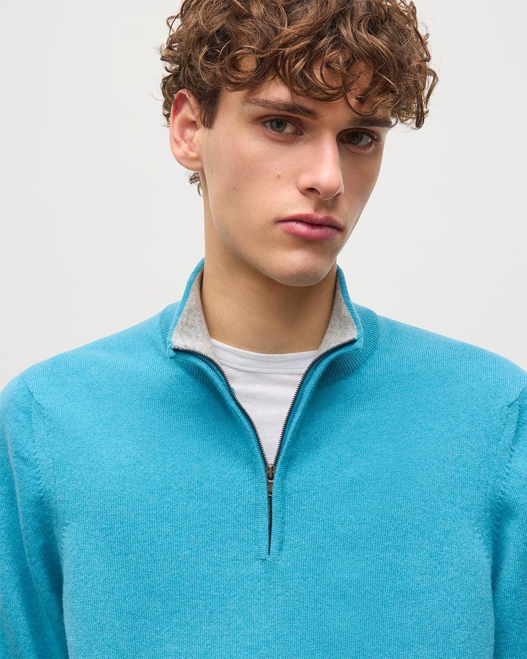 Johnstons Blue Rory & Classic Cashmere Contrast Zip Neck Jumper for men