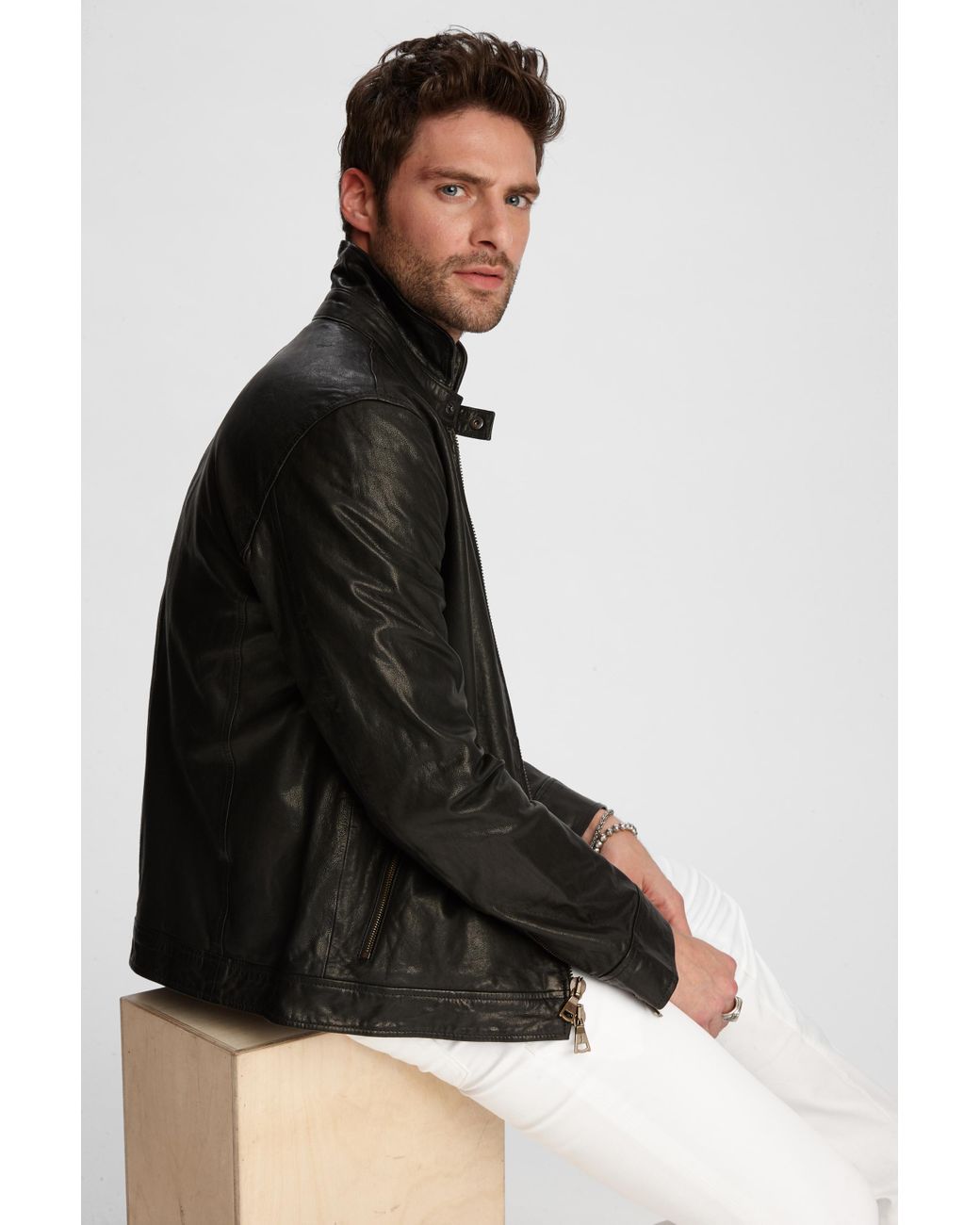 John Varvatos Wire Collar Leather Jacket in Black for Men - Lyst