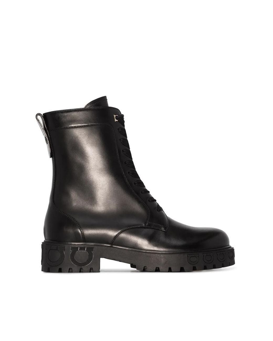 Ferragamo Black Gancini Heel Leather Combat Boots